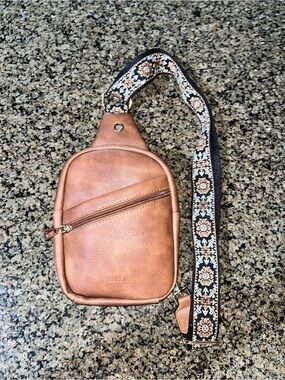 Telena Tan Faux Leather Crossbody Sling Bag with Patterned Strap